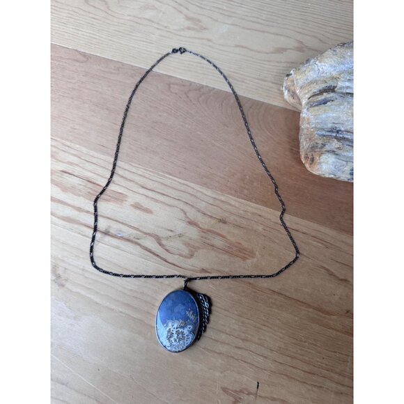 Dendritic Agate Sterling Silver Pendant Necklace 20G Mid Century - Picture 6 of 10